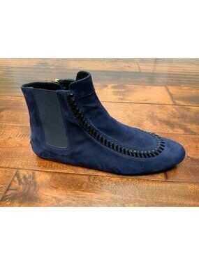 Tod's Navy Blue Suede Stitched Gommino Zip-Up Booties $1175, Size 9.5 | 39.5